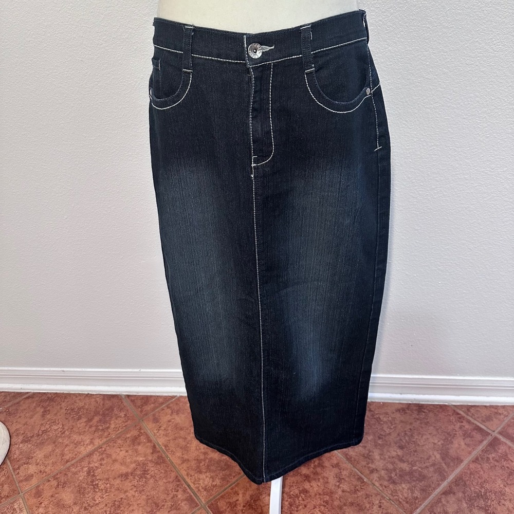 Vintage Contrast Stitch Grunge Gorpcore Denim Maxi Skirt Y2K Women 14 Dark Blue